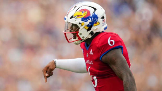 Kansas Jayhawks quarterback Jalon Daniels during a college football game in the Big 12.
